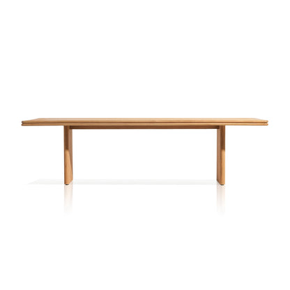 The Amber Ridge Collection by Landmark Decor features a minimalist, long rectangular wooden bench with two solid legs made from weather-resistant materials against a white background.