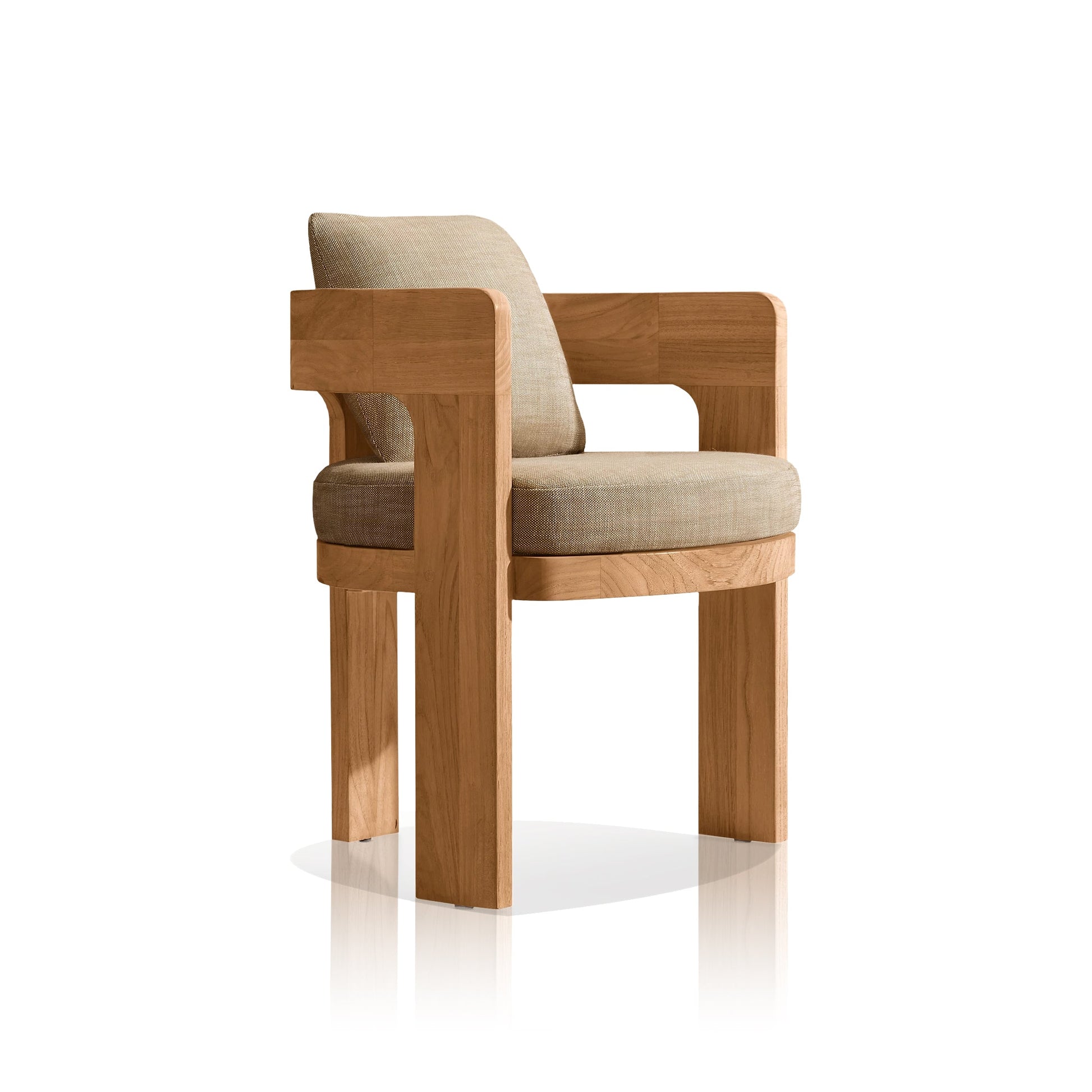 Part of the Pacific Shoreline Collection by Landmark Decor, this wooden chair features tan upholstered cushions on a modern design with rectangular legs and armrests—ideal for alfresco dining. Made from weather-resistant materials, it showcases a natural wood finish on a plain white background.