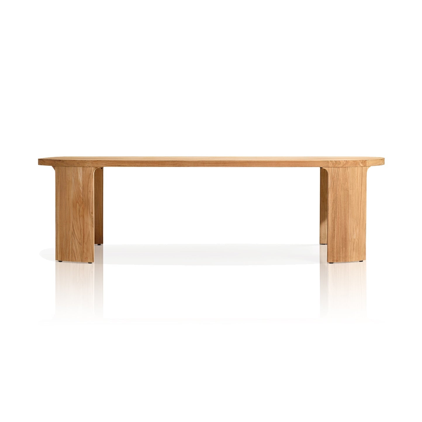The Pacific Shoreline Collection by Landmark Decor offers a wooden bench with a minimalist design ideal for alfresco dining. It boasts a smooth light-brown finish, solid rectangular legs, and weather-resistant materials, preserving its modern look against a plain white background.