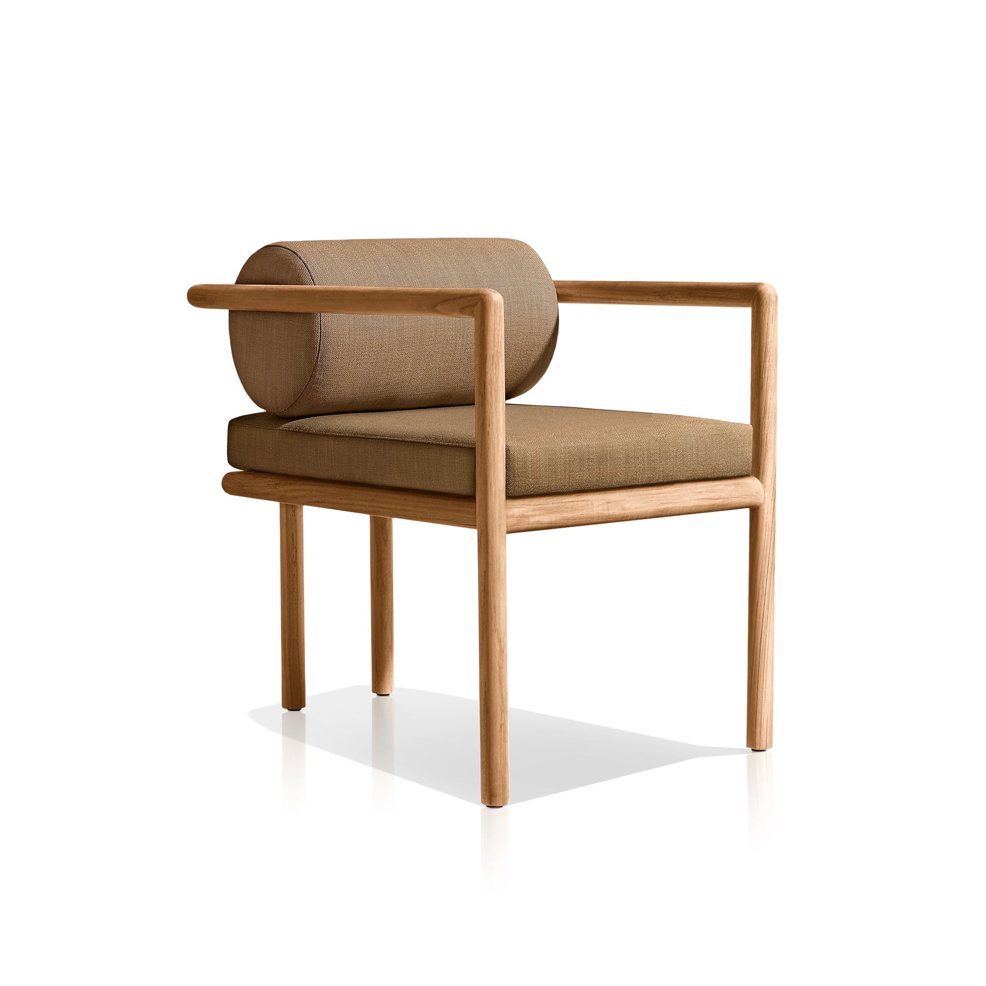 The Hidden Canyon Collection by Landmark Decor presents a modern minimalist chair with a wooden frame and armrests, crafted from weather-resistant materials. Its cylindrical backrest and rectangular seat are upholstered in brown fabric, ideal for alfresco dining against a plain white background.