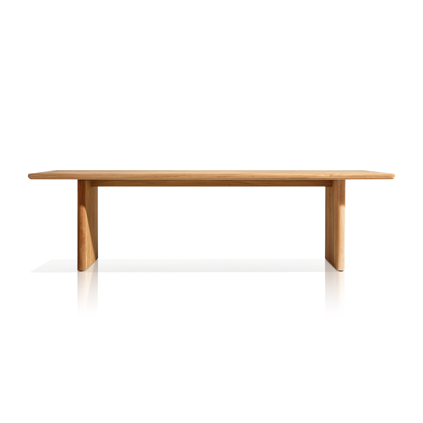 The Hidden Canyon Collection table by Landmark Decor is a minimalist design featuring a flat rectangular top and two sturdy vertical supports made from weather-resistant materials. Its light, natural wood finish is perfect for alfresco dining, showcased against a plain white backdrop.