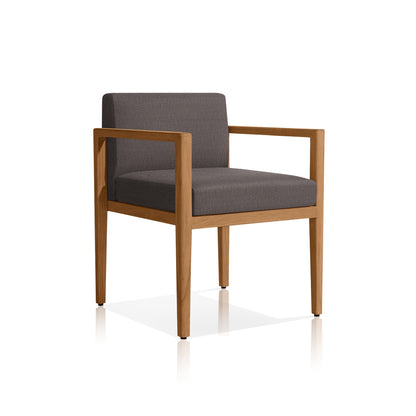 The Sienna Terrace Collection by Landmark Decor offers a modern wooden chair with straight arms and legs, gray cushioned seating, and backrest. Made from weather-resistant materials, its perfect for outdoor dining, with a reflective surface accentuating its sleek design for alfresco settings.