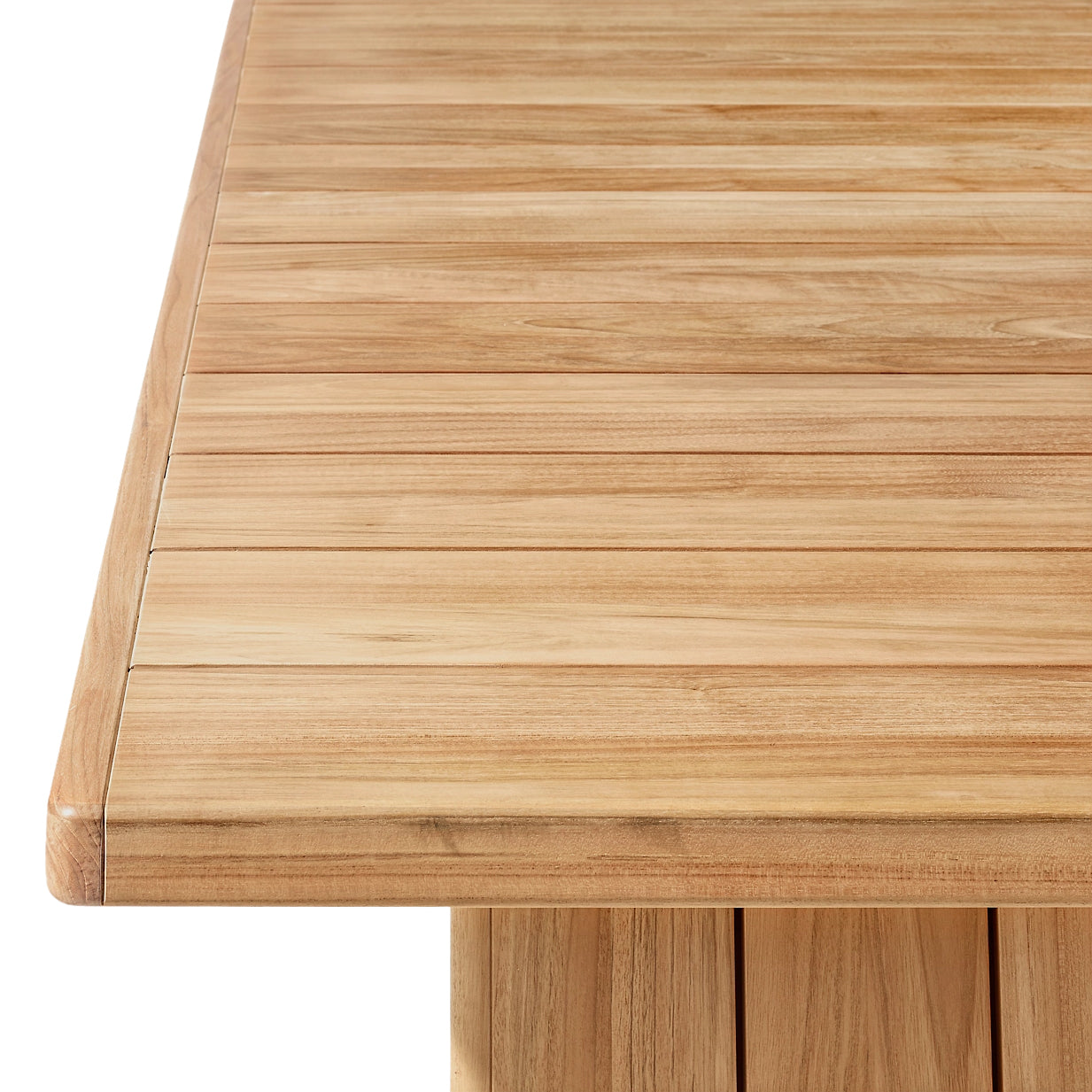 Close-up of a Sienna Terrace Collection table by Landmark Decor, ideal for alfresco dining. The rectangular top has smooth, evenly spaced slats with warm wood grain, offering rustic elegance for stylish mealtime enjoyment.