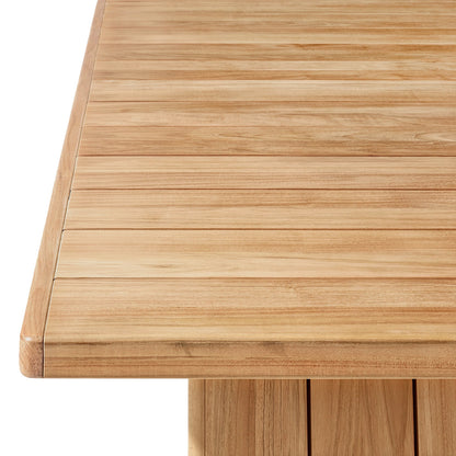 Close-up of a Sienna Terrace Collection table by Landmark Decor, ideal for alfresco dining. The rectangular top has smooth, evenly spaced slats with warm wood grain, offering rustic elegance for stylish mealtime enjoyment.