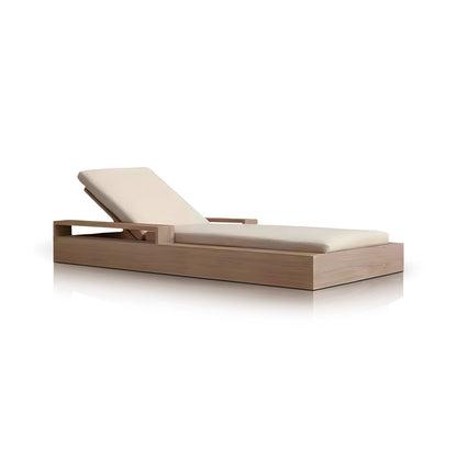 Discover outdoor luxury with the Santorini Serenity Lounger by Landmark Decor. Its minimalist wooden design features premium materials, cream cushions, an adjustable backrest, and modern lines—ideal for any elegant setting.