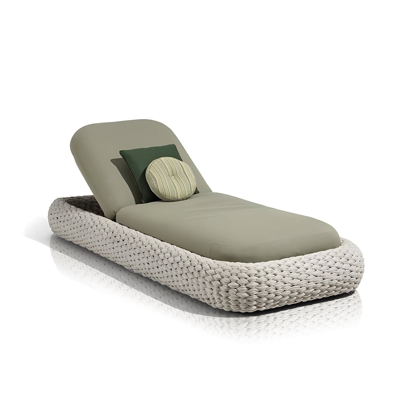 The Marbella Retreat Lounger by Landmark Decor provides a luxurious outdoor retreat with its light green cushion and two decorative pillows, one square green and one round striped, set against a plain white background for serene living.