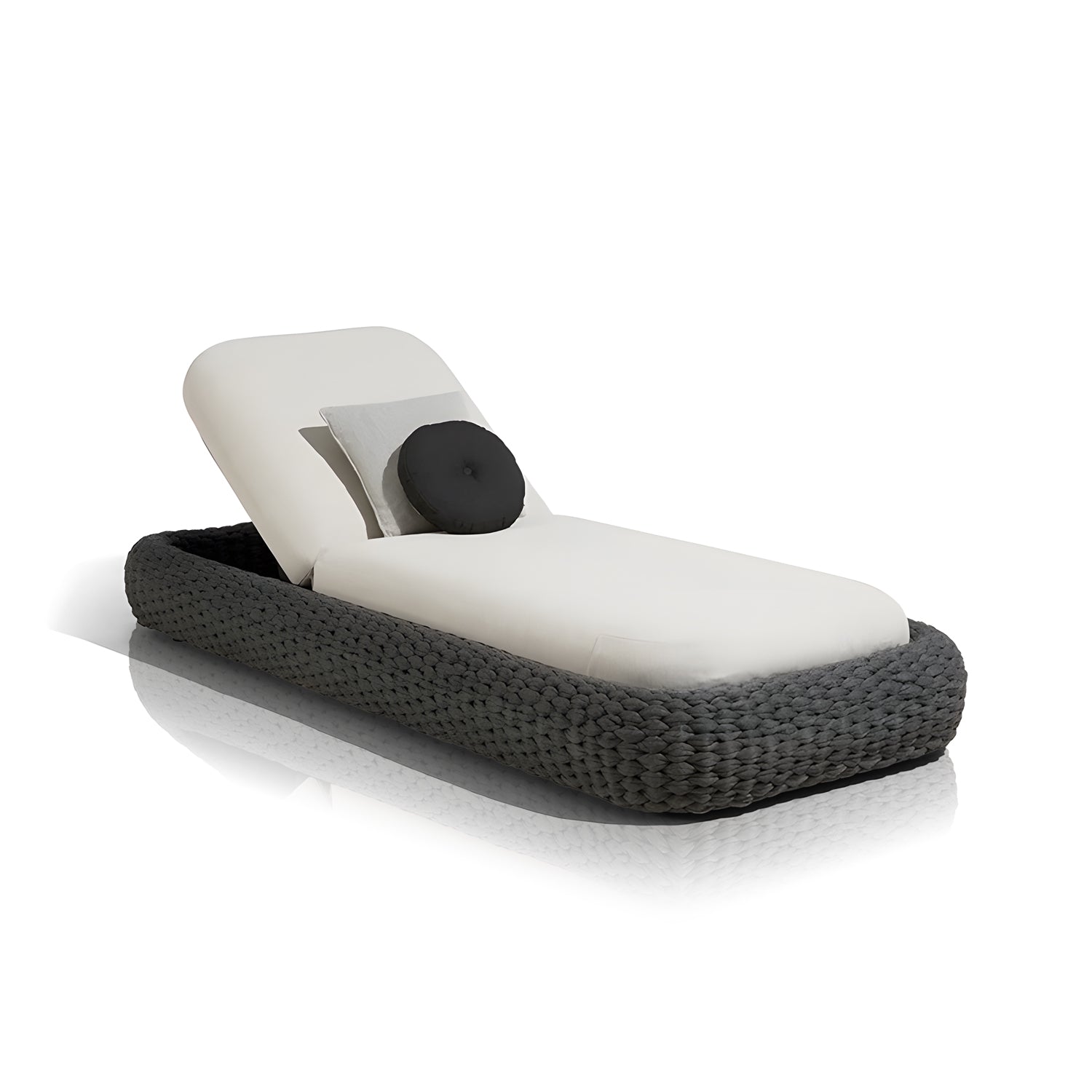 The Palermo Terra Lounger by Landmark Decor features premium materials, a grey woven base, and a white cushion. With an adjustable backrest, it includes a gray rectangular pillow and a round black pillow, perfect for outdoor relaxation. Photographed against a plain white background.