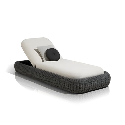 The Palermo Terra Lounger by Landmark Decor features premium materials, a grey woven base, and a white cushion. With an adjustable backrest, it includes a gray rectangular pillow and a round black pillow, perfect for outdoor relaxation. Photographed against a plain white background.