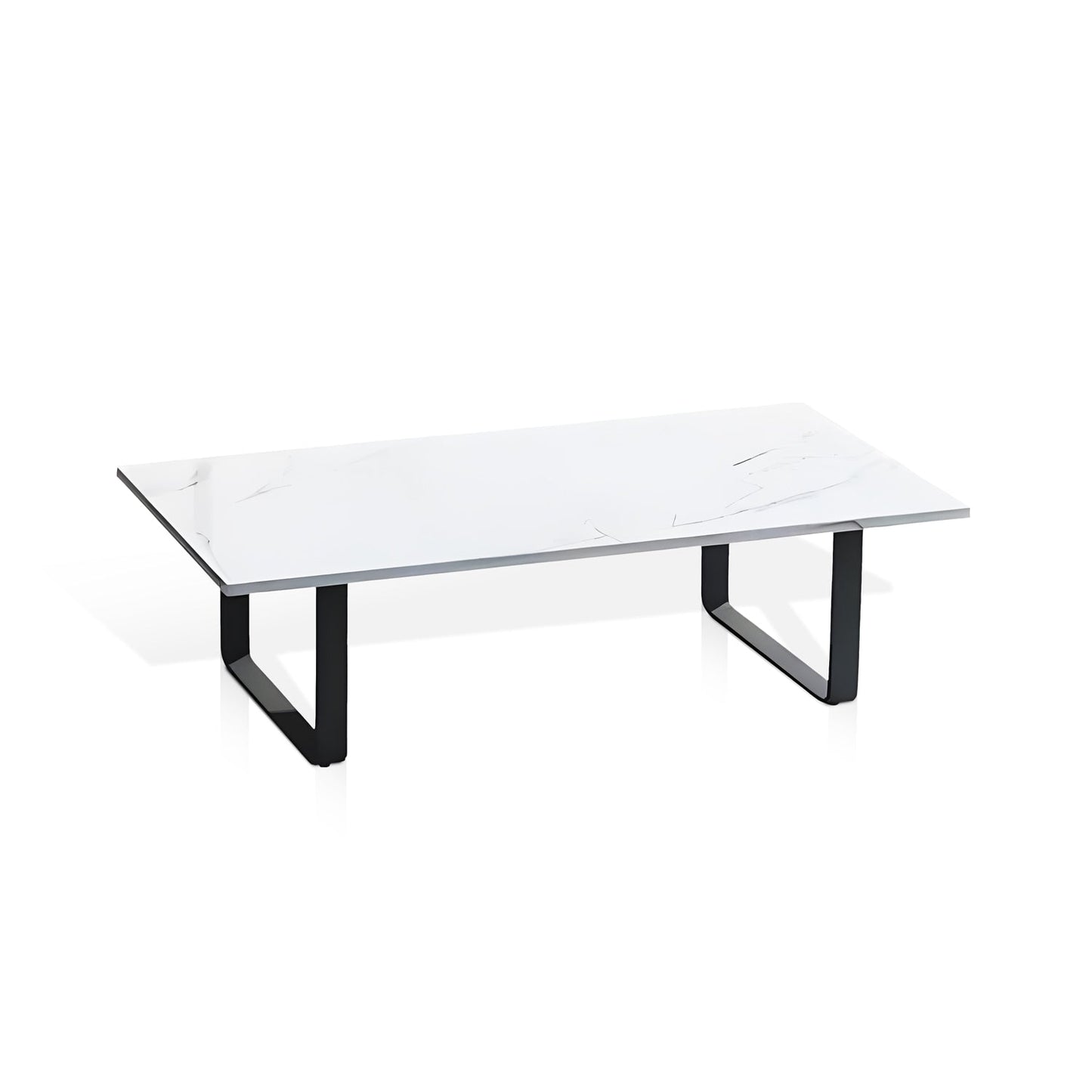 The Sierra Luxe Collection by Landmark Decor features a rectangular marble coffee table with a white surface and subtle gray veining on black U-shaped metal legs, ideally complementing an outdoor sofa with weather-resistant cushions for a stylish, durable patio setup.