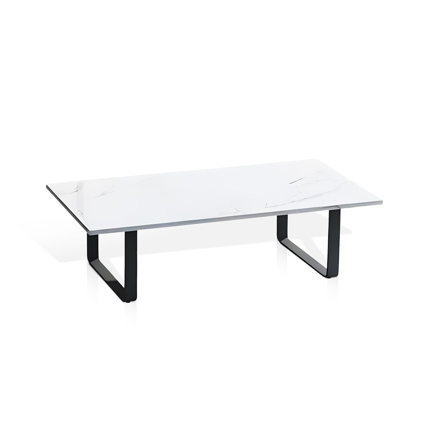 The Sierra Luxe Collection by Landmark Decor features a rectangular marble coffee table with a white surface and subtle gray veining on black U-shaped metal legs, ideally complementing an outdoor sofa with weather-resistant cushions for a stylish, durable patio setup.