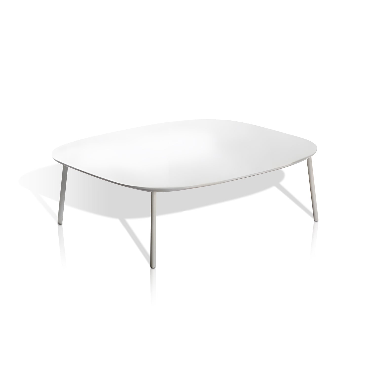 The Elysian Breeze Collection by Landmark Decor showcases a modern, minimalist white rectangular table with rounded edges and slender metal legs. It stands gracefully against a plain white background, enhanced by all-weather frames that promise lasting elegance outdoors.