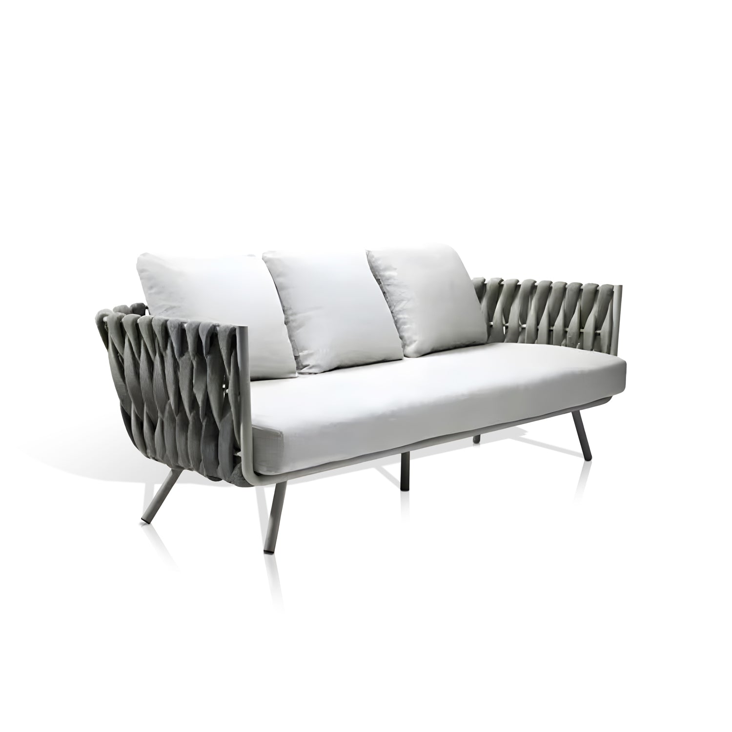 The Elysian Breeze Collection by Landmark Decor features a modern outdoor sofa with woven, braided sides, three weather-resistant white cushions, metal legs, and a minimalist design against a white backdrop. Perfectly stylish for contemporary exteriors.