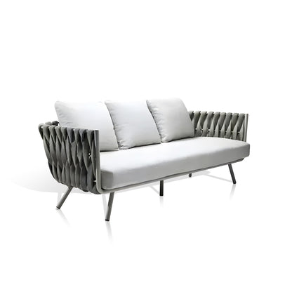 The Elysian Breeze Collection by Landmark Decor features a modern outdoor sofa with woven, braided sides, three weather-resistant white cushions, metal legs, and a minimalist design against a white backdrop. Perfectly stylish for contemporary exteriors.