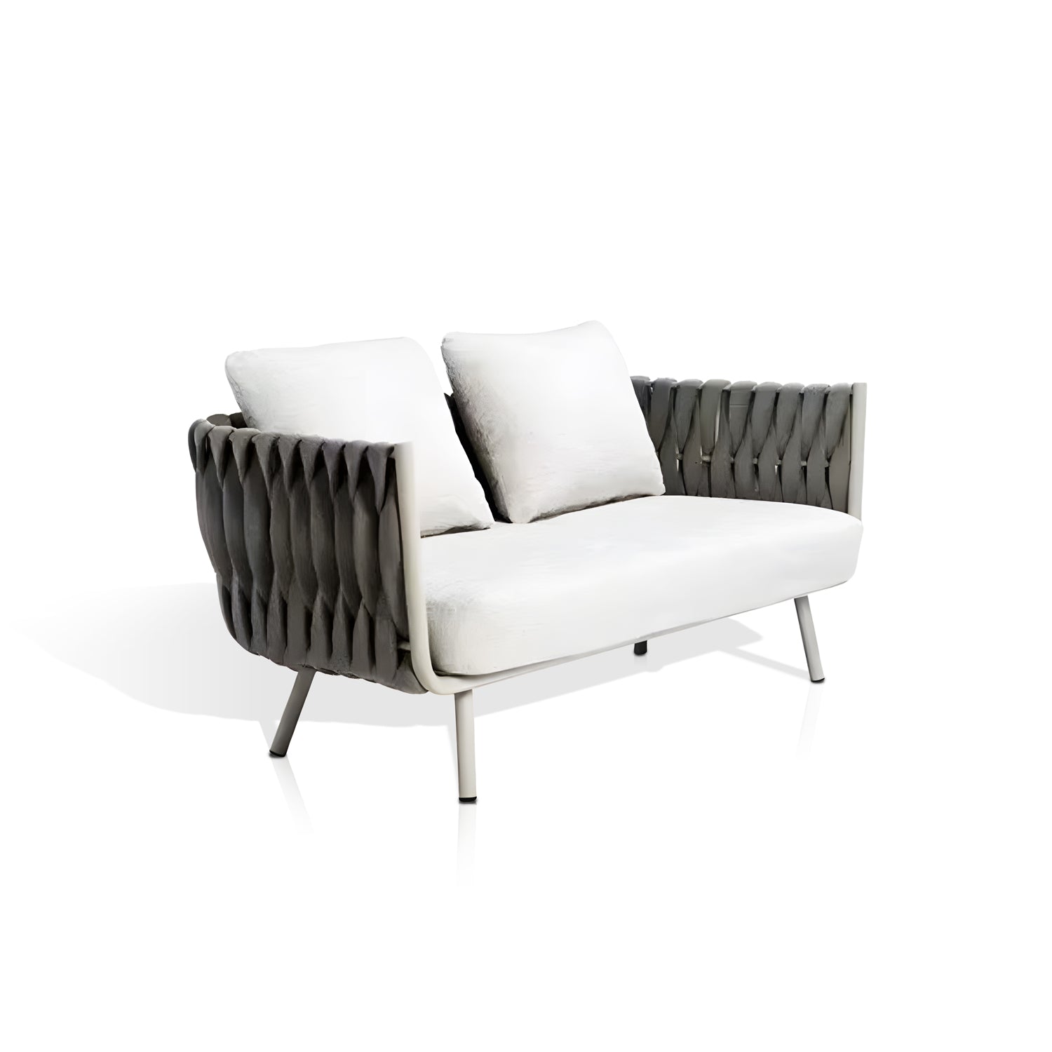 The Elysian Breeze Collection by Landmark Decor features a modern two-seater sofa with sleek design, weather-resistant white cushions, dark gray woven armrests and frame, all-weather frames on four angled legs, making it perfect for outdoor spaces.