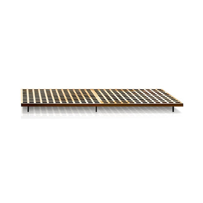 Introducing the Oceanview Oasis Collection by Landmark Decor: a minimalist wooden slatted bed frame on a white backdrop. This all-weather design features thin wooden slats in a grid pattern, supported by sleek black legs, ideal for outdoor spaces when combined with weather-resistant cushions.