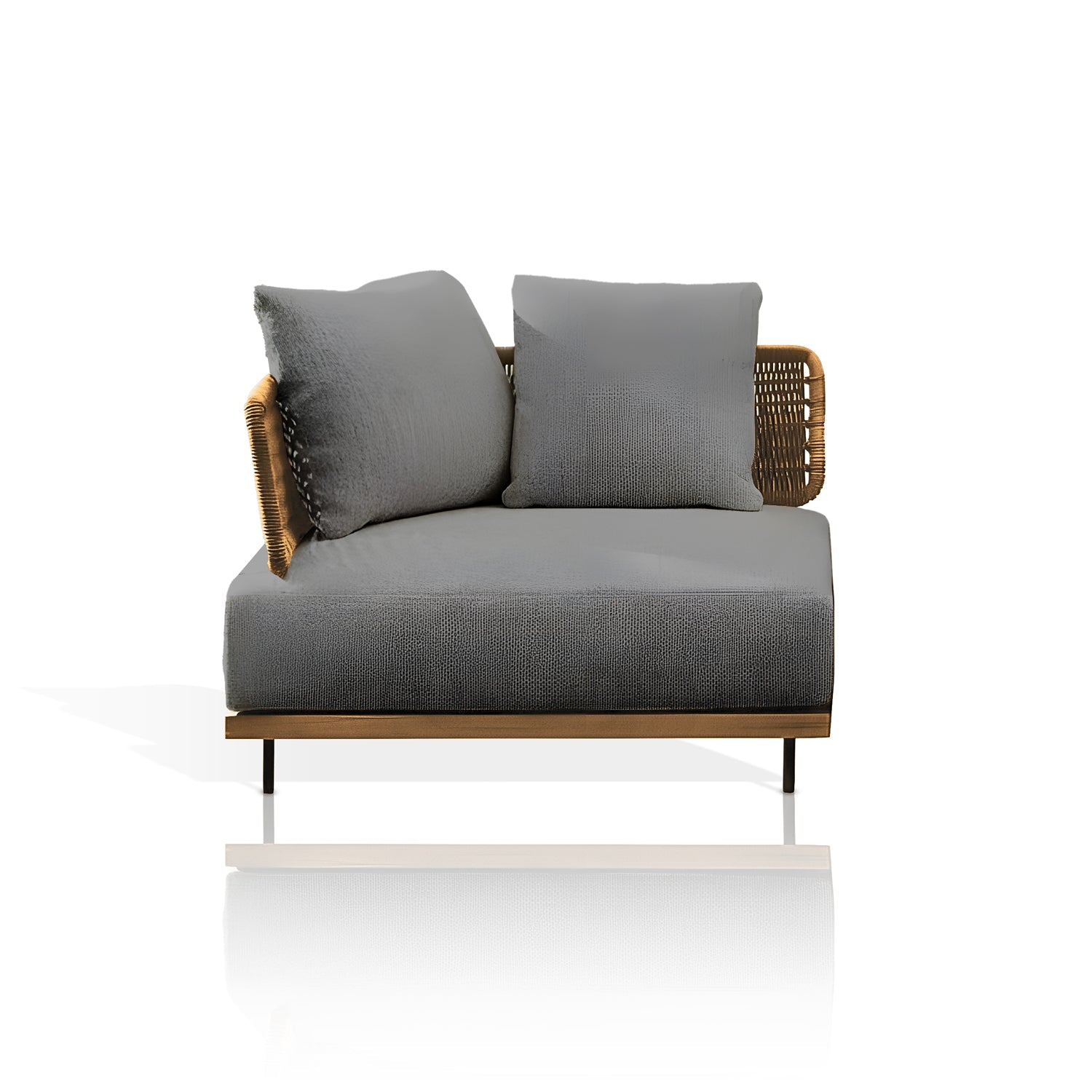 The Oceanview Oasis Collection by Landmark Decor is a modern single-seat loveseat with all-weather frames and dark gray weather-resistant cushions. It features intricate rattan detailing on the back and sides, supported by thin black metal legs, ideal for indoor ambiance or outdoor relaxation.