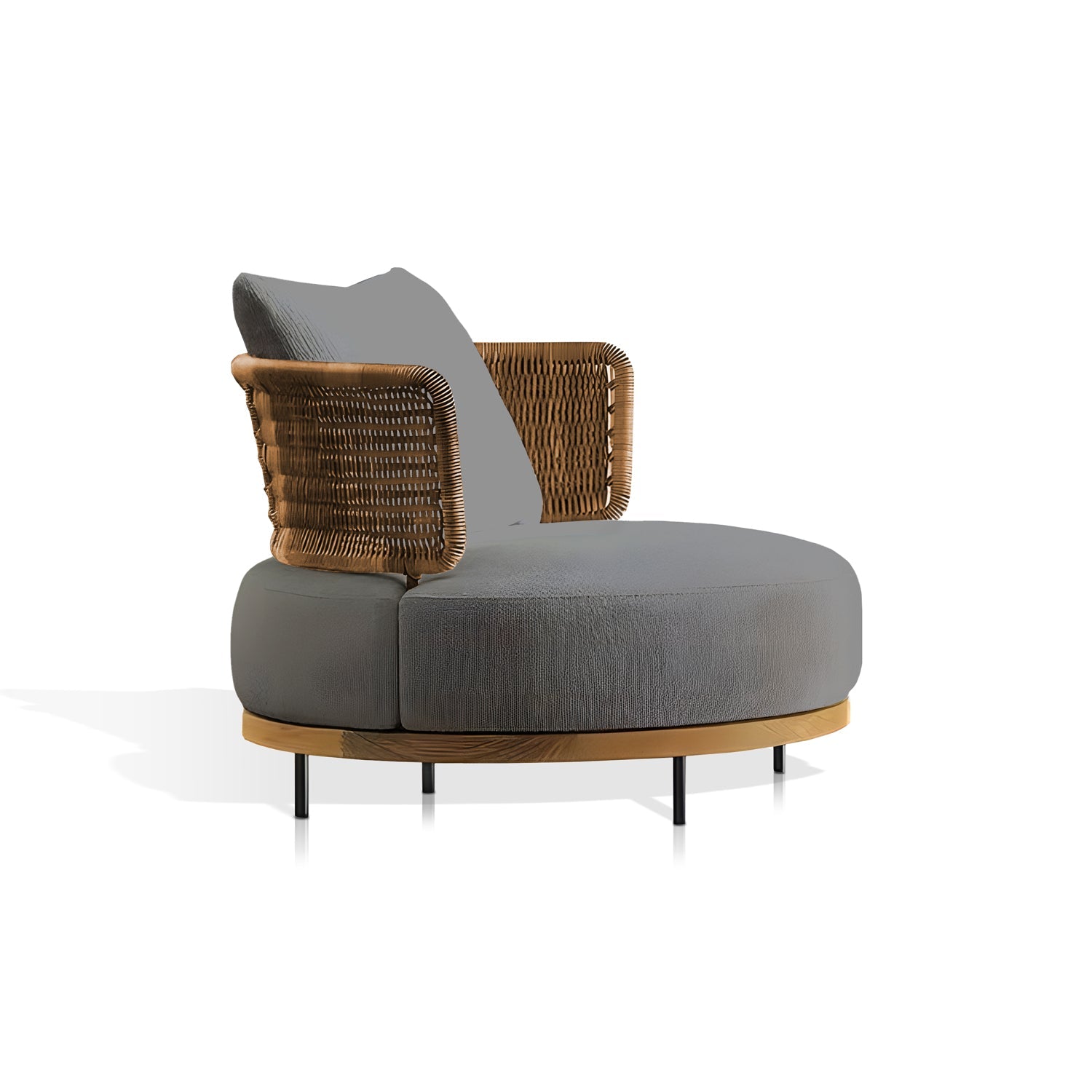 The Oceanview Oasis Collection by Landmark Decor features a modern chair with a round, padded gray cushion, woven backrest, thin black metal legs, and wooden base. Its all-weather frame and contemporary design offer a minimalist feel against a plain white background.