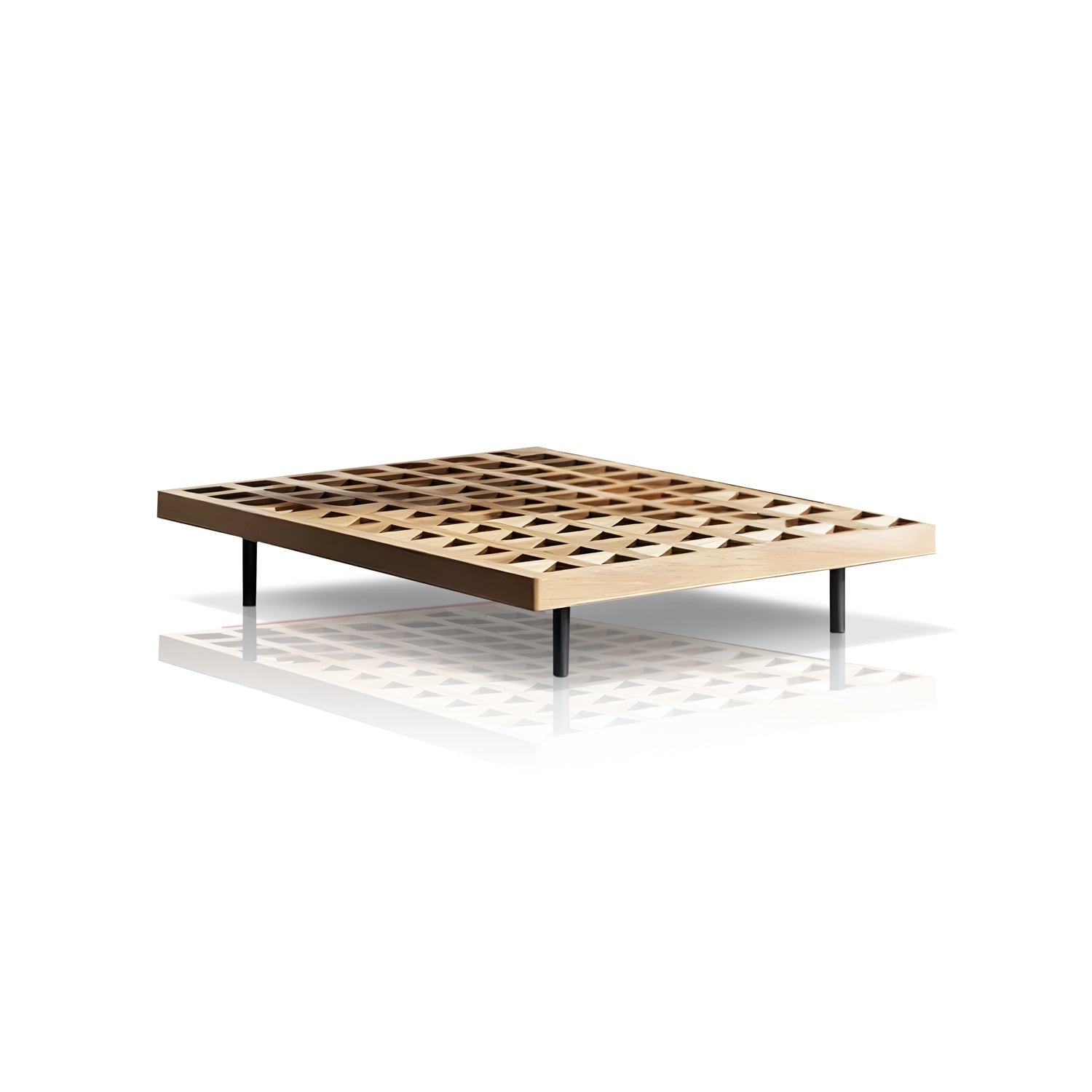 The Oceanview Oasis Collection by Landmark Decor features a minimalist wooden bed frame with a lattice-style design on top, supported by slender black legs. It exudes elegance with its all-weather frame as it rests on a smooth reflective surface against a white background.