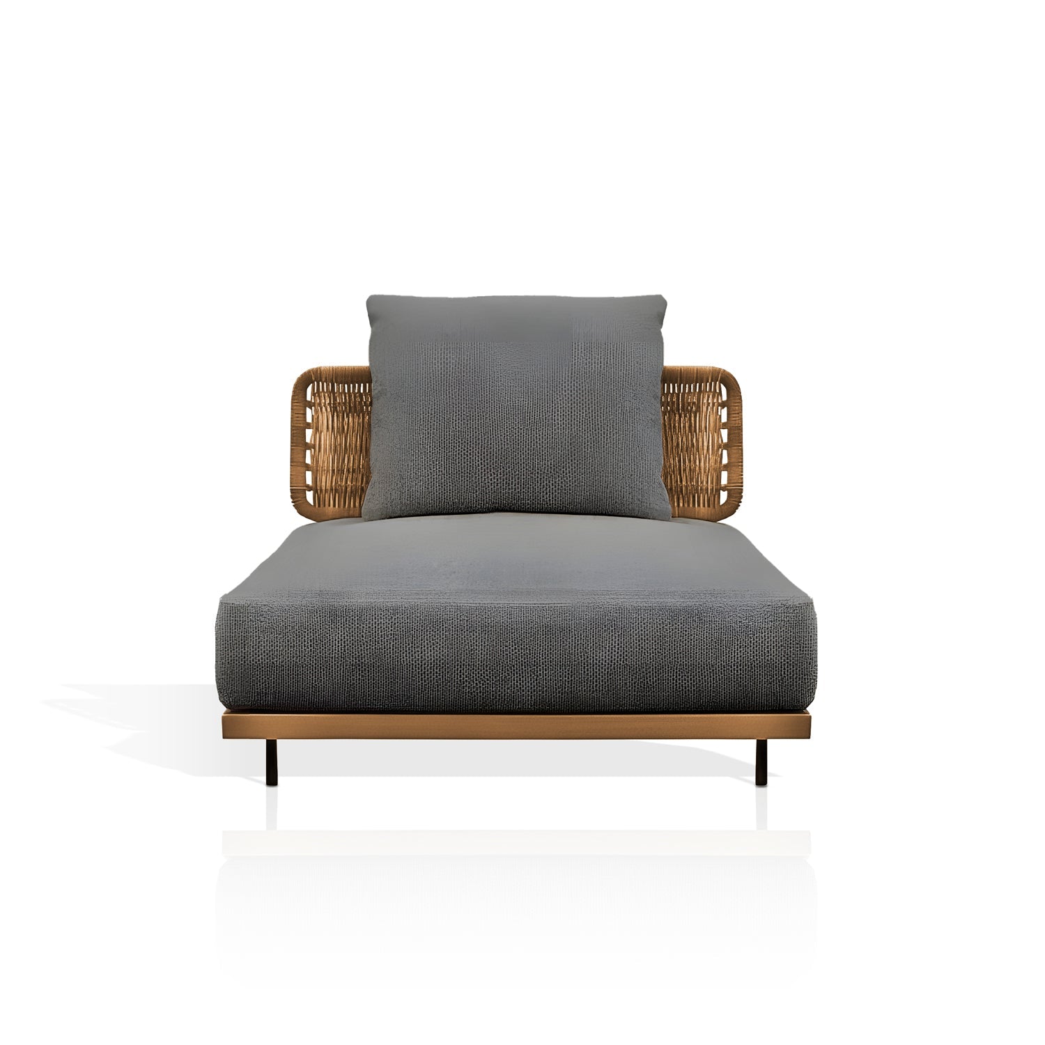 The Oceanview Oasis Collection by Landmark Decor offers a modern chaise lounge with weather-resistant gray cushions, an all-weather wooden frame, a woven wicker backrest, and minimalist black-metal legs, perfect for enhancing any space alongside outdoor sofas on a white background.