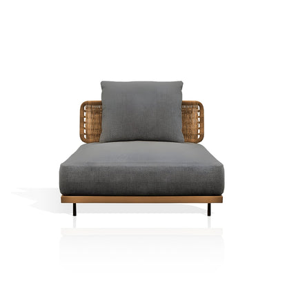 The Oceanview Oasis Collection by Landmark Decor offers a modern chaise lounge with weather-resistant gray cushions, an all-weather wooden frame, a woven wicker backrest, and minimalist black-metal legs, perfect for enhancing any space alongside outdoor sofas on a white background.