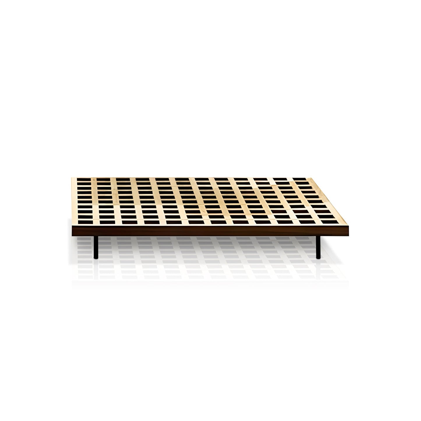 The Oceanview Oasis Collection by Landmark Decor showcases a minimalist platform bed frame featuring a black grid pattern with wooden slats, slim black legs, and presented on a white reflective surface, embodying the sleek durability of all-weather frames.