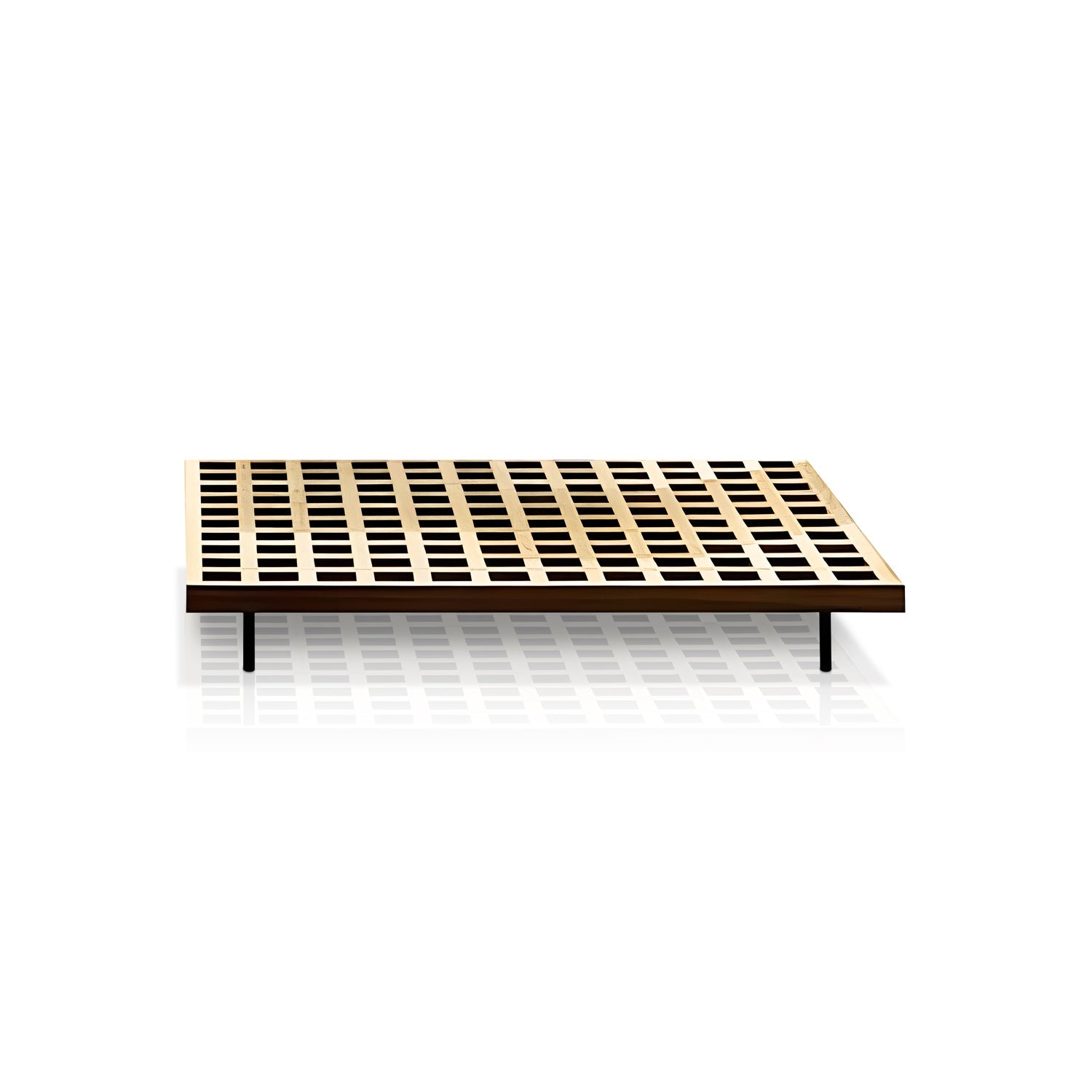 The Oceanview Oasis Collection by Landmark Decor showcases a minimalist platform bed frame featuring a black grid pattern with wooden slats, slim black legs, and presented on a white reflective surface, embodying the sleek durability of all-weather frames.