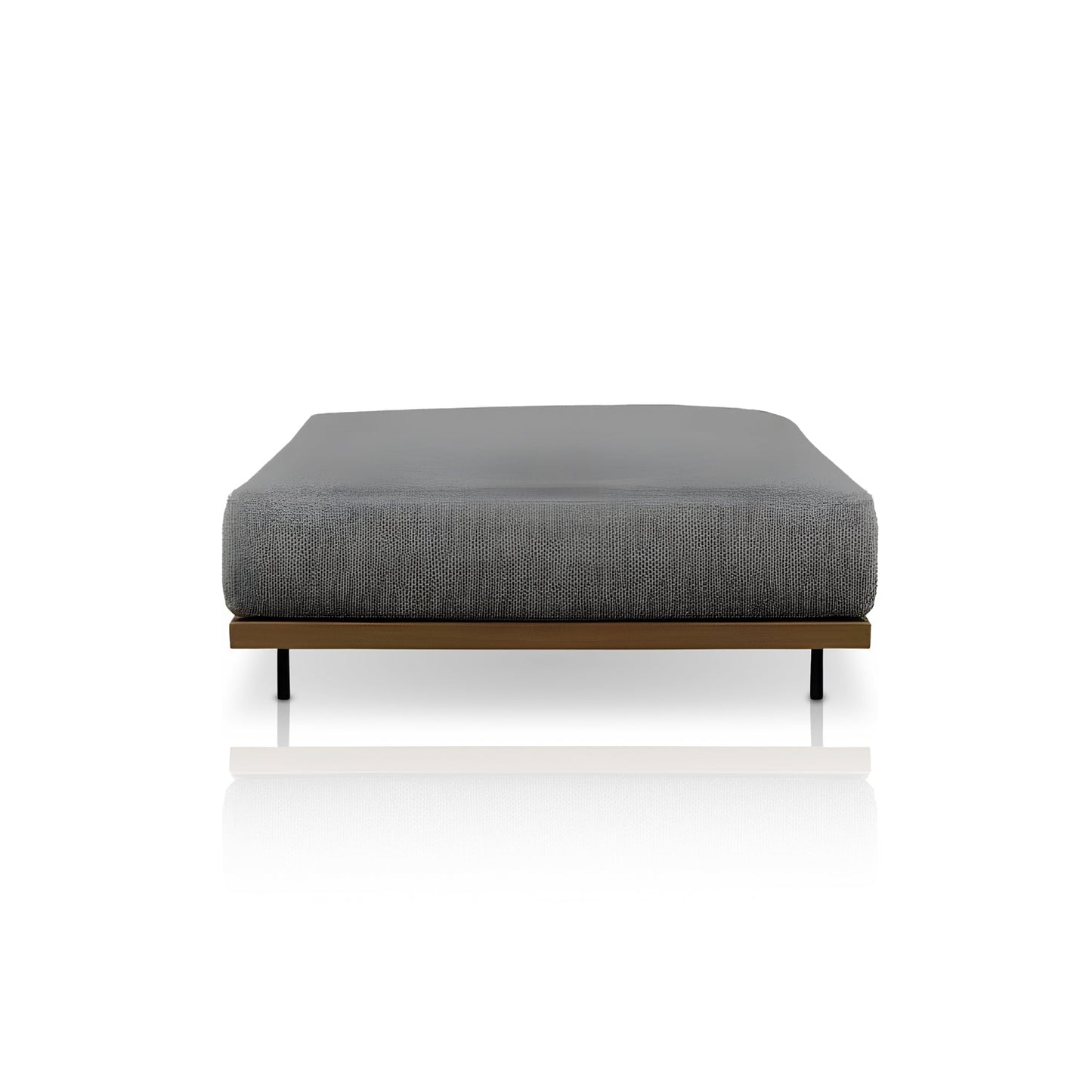 The Oceanview Oasis Collection by Landmark Decor features a minimalist, low-profile bed with a grey upholstered mattress on an all-weather frame, enhancing any sleek wooden backdrop with its simple and contemporary design.