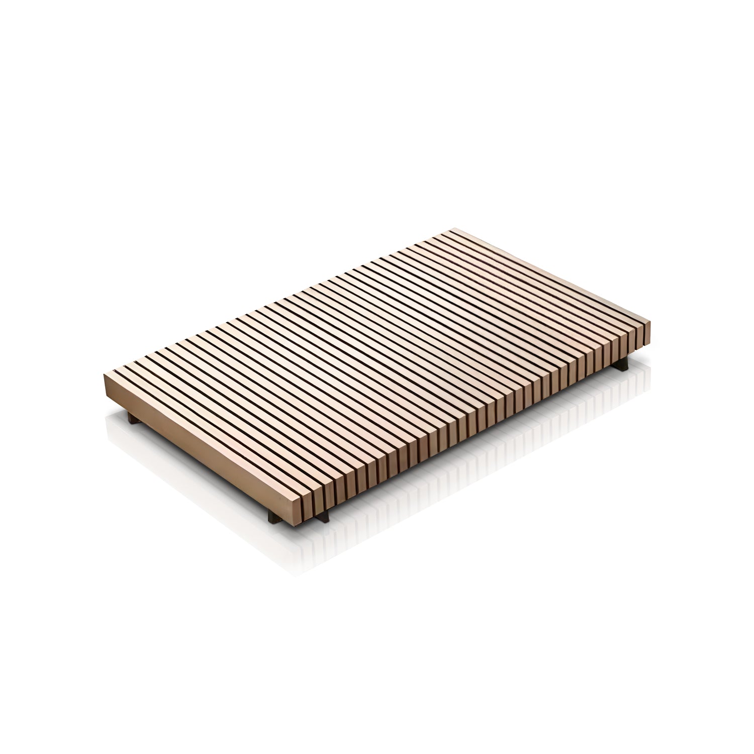 The Palazzo Tranquillo Collection from Landmark Decor features a modern rectangular wooden platform with sleek, all-weather frames. Its surface showcases light brown, evenly spaced horizontal wooden slats against a plain white background.