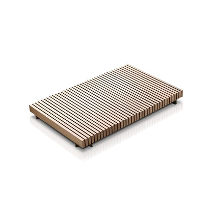 The Palazzo Tranquillo Collection from Landmark Decor features a modern rectangular wooden platform with sleek, all-weather frames. Its surface showcases light brown, evenly spaced horizontal wooden slats against a plain white background.