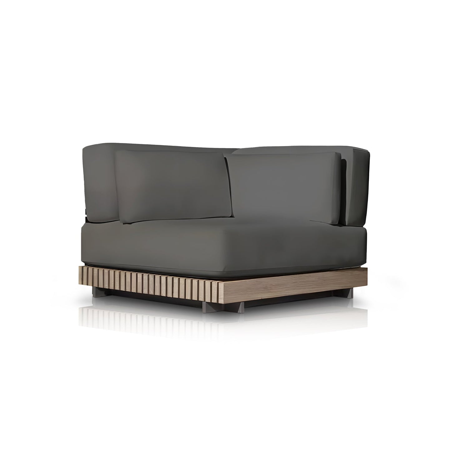 The Palazzo Tranquillo Collection by Landmark Decor features a modern armchair with weather-resistant dark gray cushions and a low wooden base with vertical slats, showcasing clean lines in its minimalist design, ideal for outdoor use on reflective white surfaces.