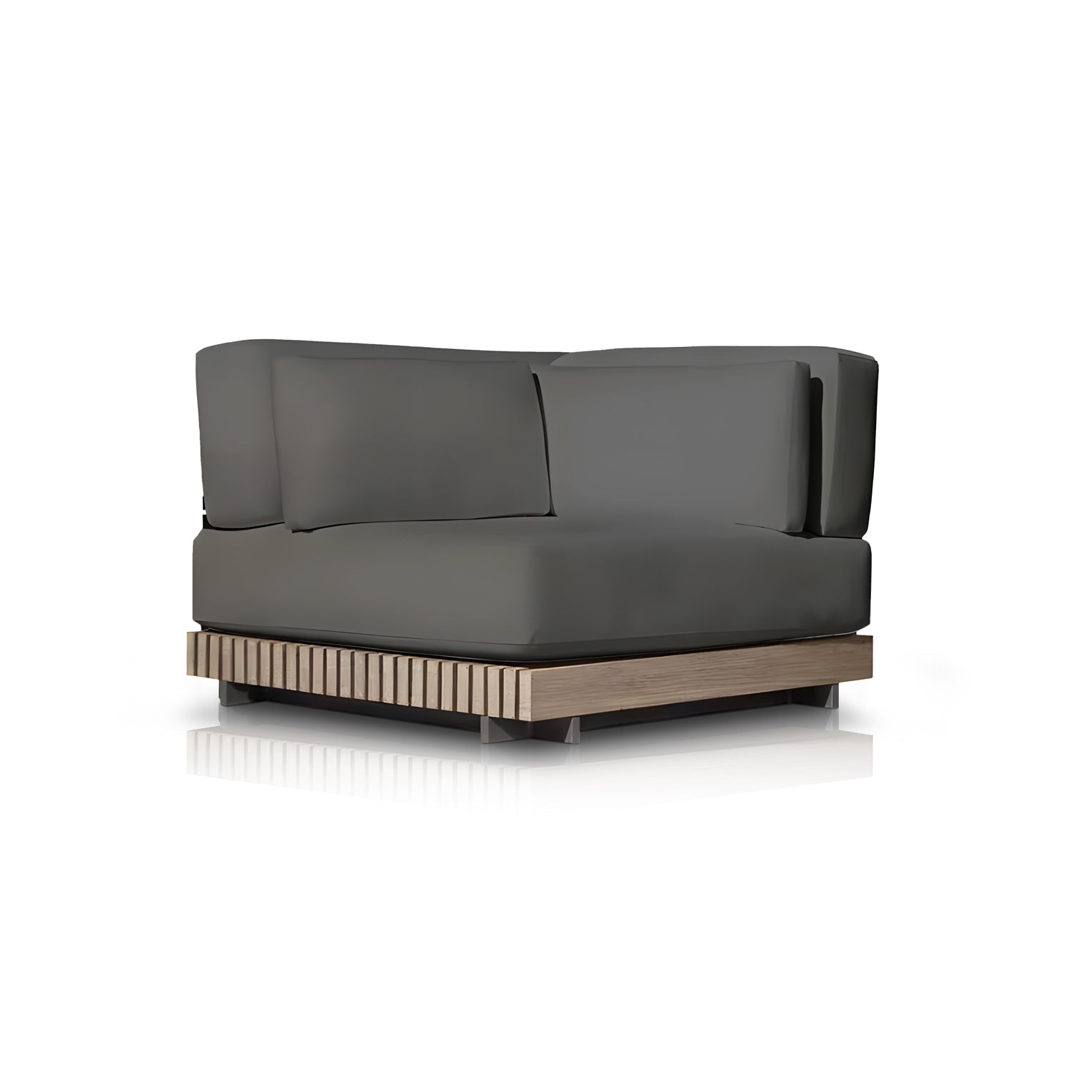 The Palazzo Tranquillo Collection by Landmark Decor features a modern armchair with weather-resistant dark gray cushions and a low wooden base with vertical slats, showcasing clean lines in its minimalist design, ideal for outdoor use on reflective white surfaces.