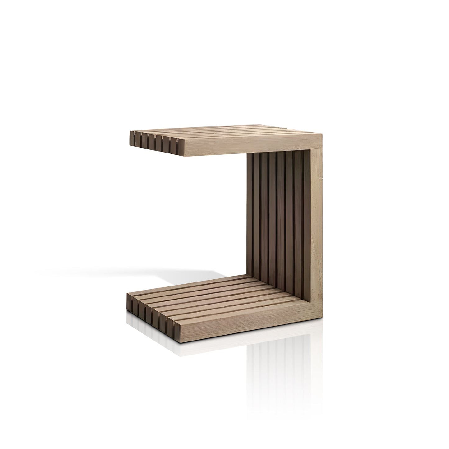 The Palazzo Tranquillo Collection by Landmark Decor offers a minimalist, L-shaped wooden table with horizontal slats on top and bottom surfaces and vertical slats on one side. Ideal for complementing outdoor sofas, it boasts a sleek design against a plain white background.