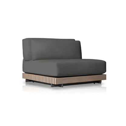The Palazzo Tranquillo Collection by Landmark Decor is a modern single-seater sofa featuring weather-resistant dark gray cushions and a cushioned backrest. Its light wooden base has all-weather frames with vertical slats, perfect for outdoor use, showcased against a plain white background.