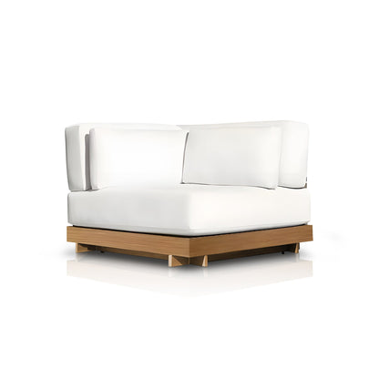 The Landmark Decor Santorini Serenity Collection features a white, modern L-shaped sofa with plush, weather-resistant cushions on a wooden base, ideal for indoor and outdoor settings, shown against a plain white background.
