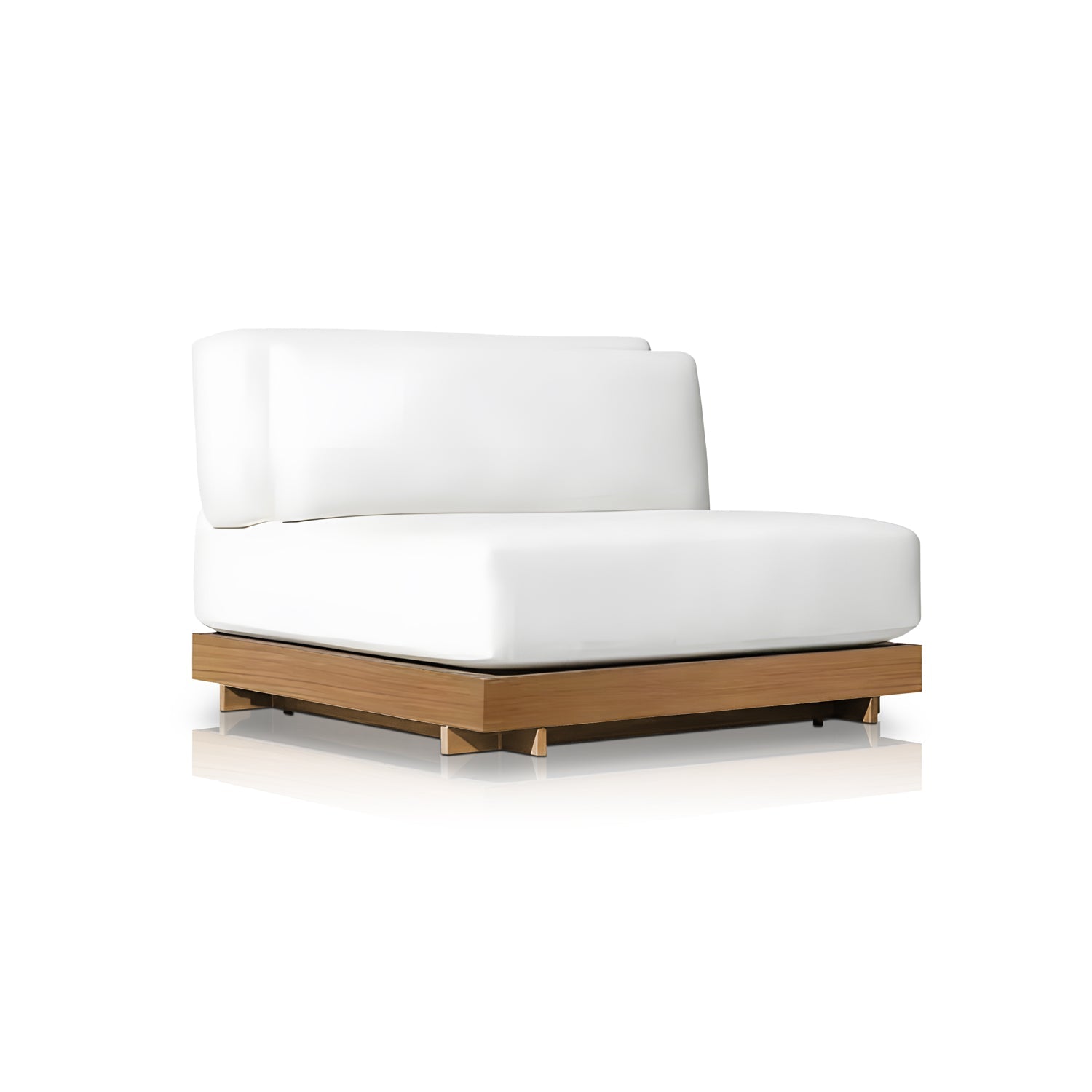 The Santorini Serenity Collection by Landmark Decor features a modern white chaise lounge with plush, weather-resistant cushions on a sleek wooden base in a natural finish. Ideal for outdoor relaxation, its timeless minimalist design complements any space beautifully.