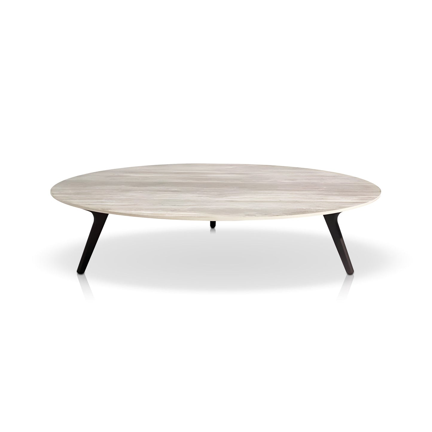 The Marbella Retreat Collection by Landmark Decor features a round, minimalist coffee table with a light wood surface and three angled black legs, set against a white backdrop to perfectly complement outdoor sofas with all-weather frames.