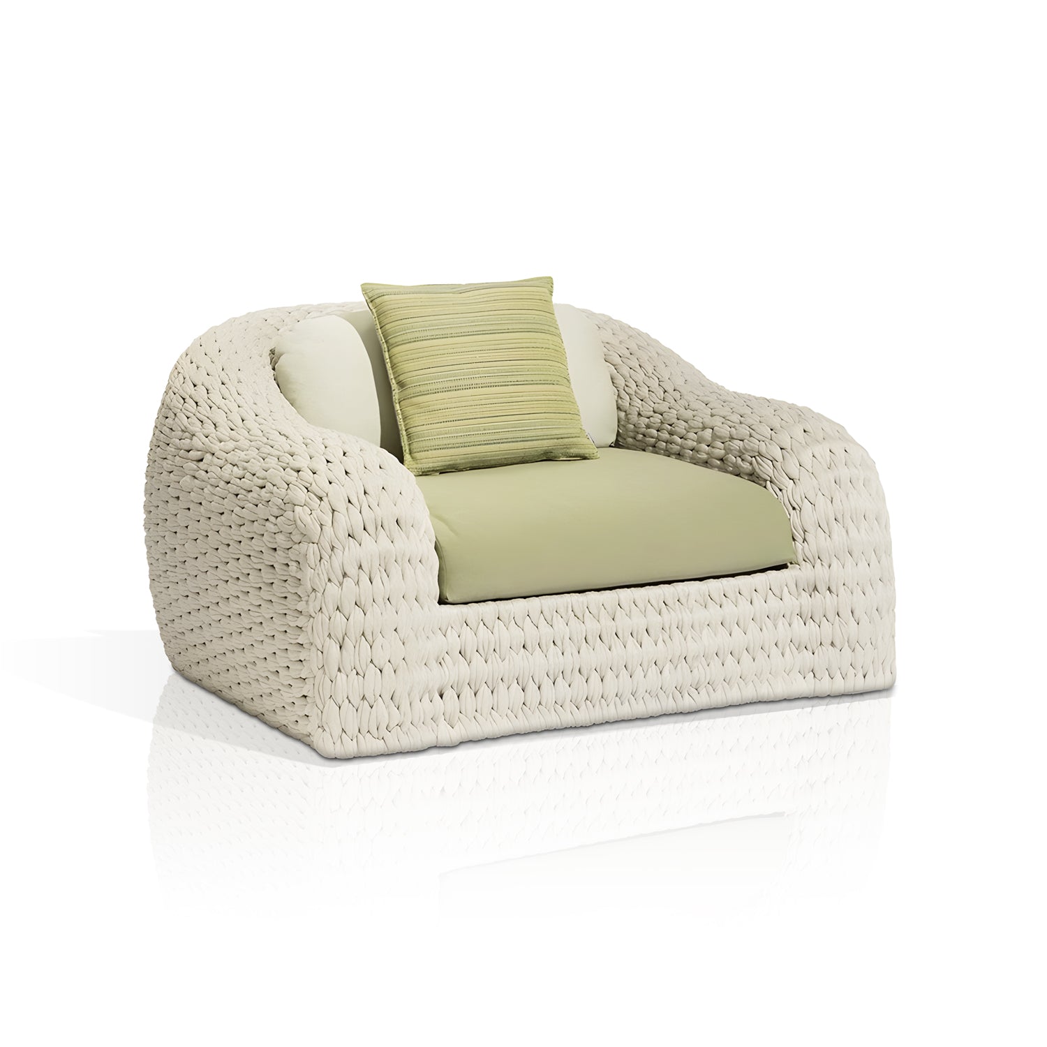 The Marbella Retreat Collection armchair by Landmark Decor features a wide, woven cream base with weather-resistant green cushions and a matching rectangular green pillow. Its cozy design reflects on a white surface, making it ideal for outdoor settings.