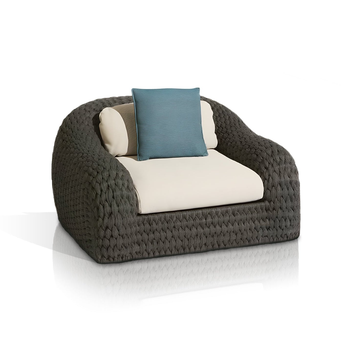 The Palermo Terra Collection by Landmark Decor features a modern armchair with a rounded all-weather frame, woven gray finish, cream-colored weather-resistant cushions, and a teal throw pillow. Ideal for outdoor sofas with its stylish design set against a white background.