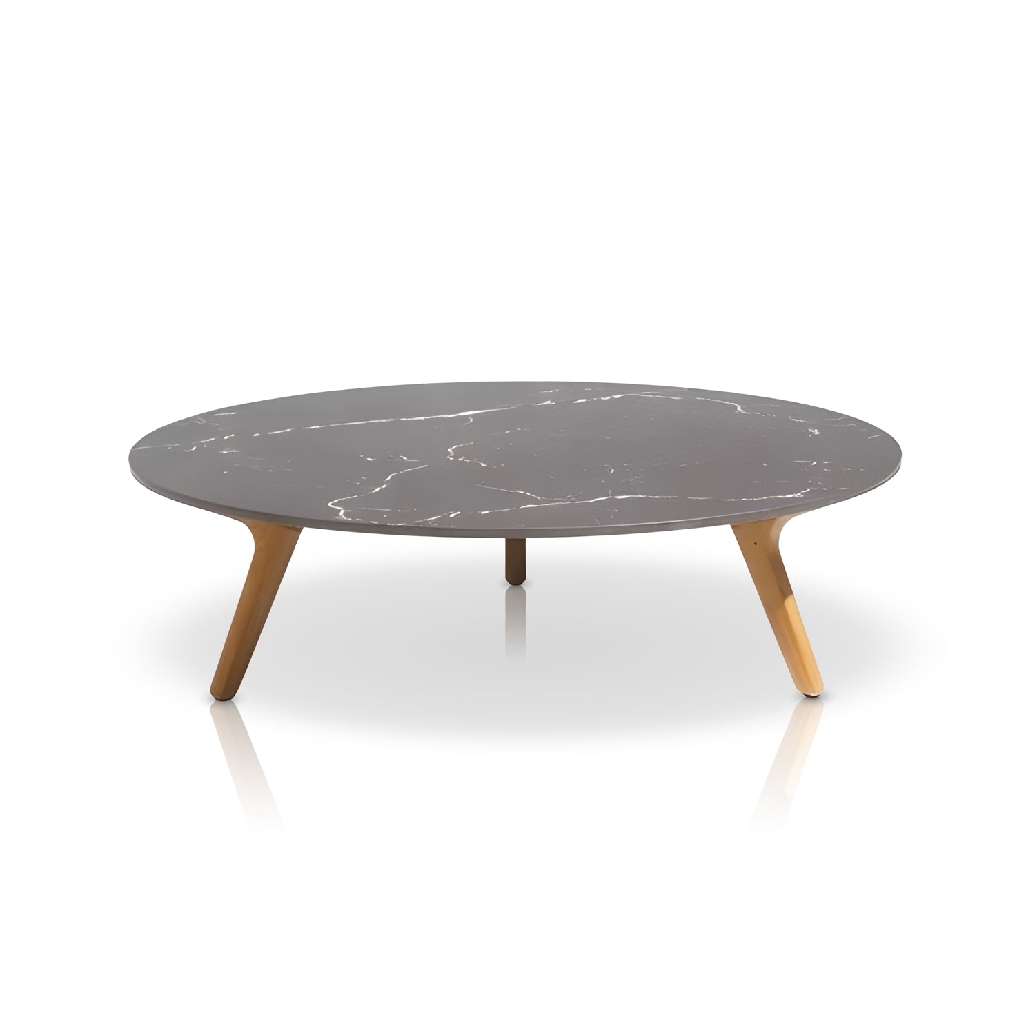 The Landmark Decor Palermo Terra Collection features a round, gray marble coffee table with a smooth surface and four angled wooden legs, enhanced by all-weather frames, set against a plain white backdrop.