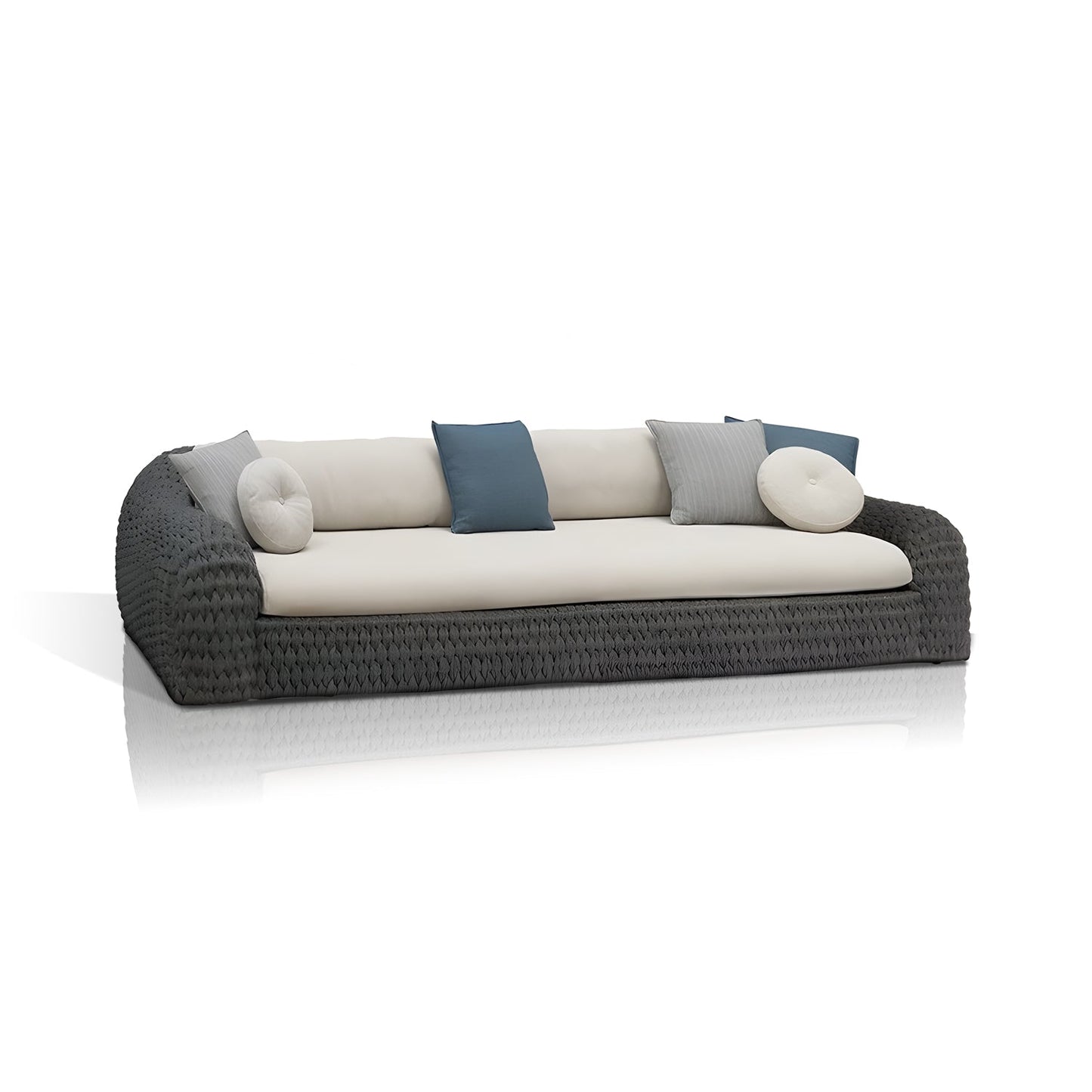 The Palermo Terra Collection by Landmark Decor features a modern outdoor sofa with a woven dark frame and weather-resistant cream cushions, complemented by blue, white, and light gray pillows. Its sleek all-weather design stands elegantly against a plain white background.