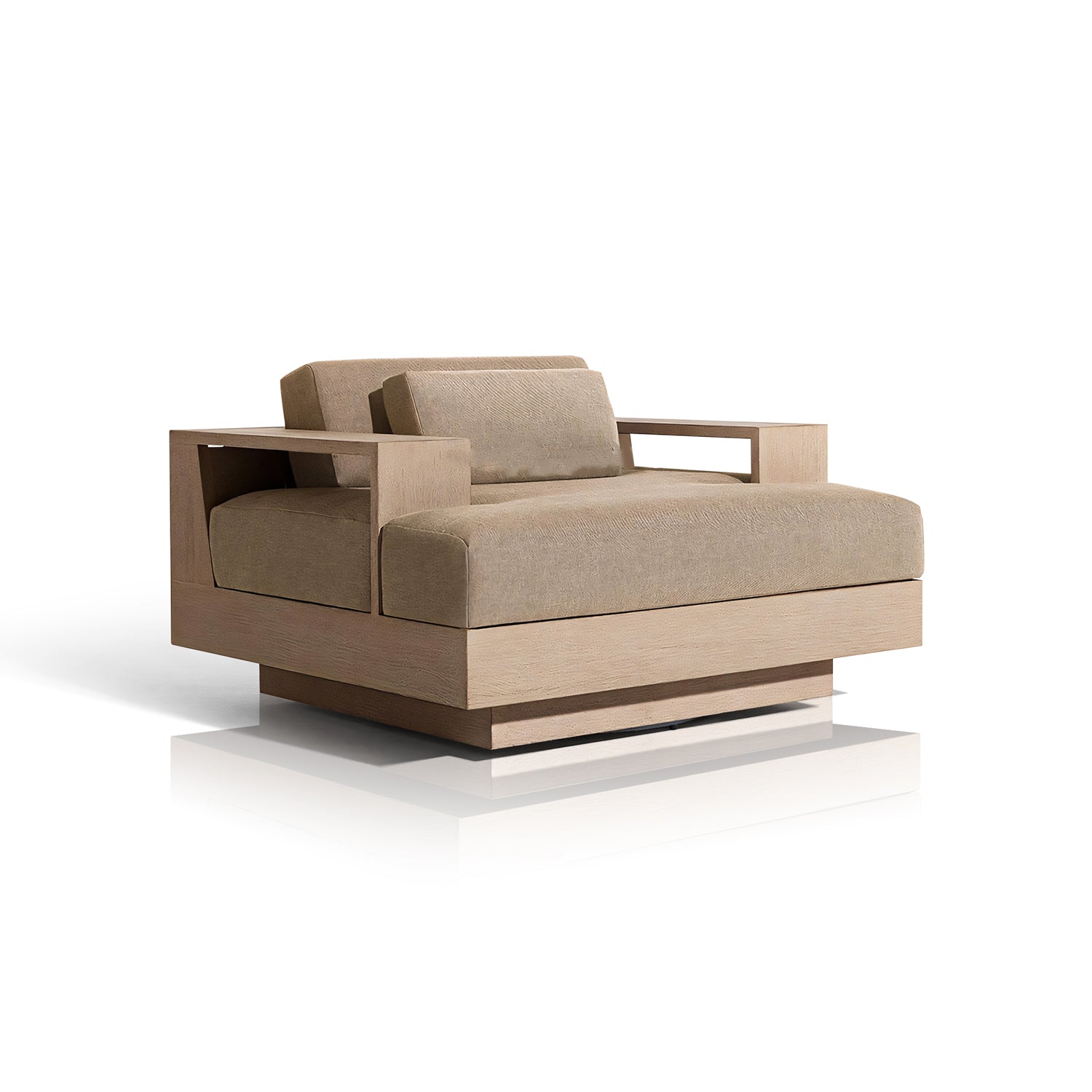 The Landmark Decor Timber Cove Collection features a modern beige armchair with an all-weather wooden frame, wide armrests, and plush weather-resistant cushions. Designed for minimalist elegance and outdoor durability, it stands stylishly against a white background.