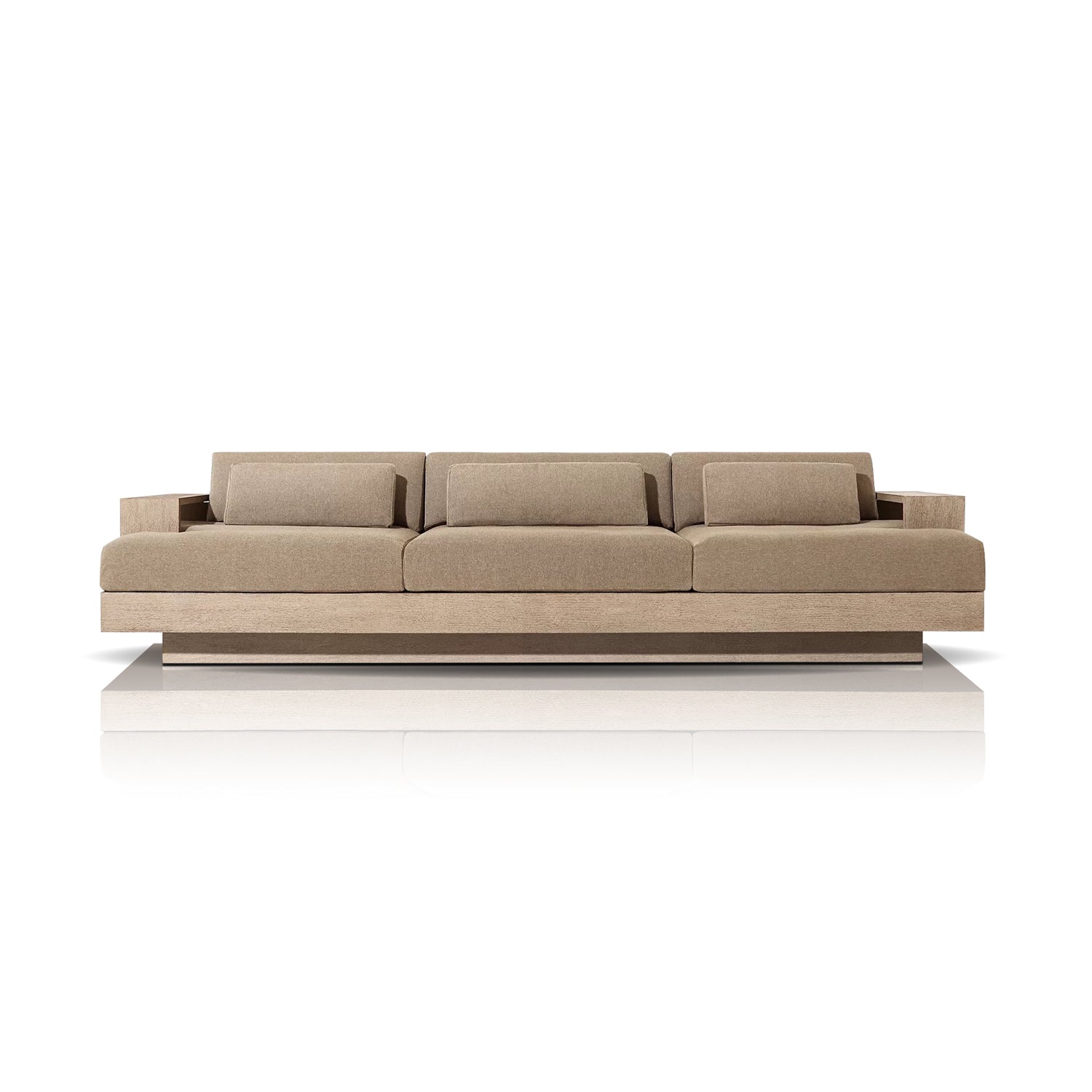 Landmark Decors Timber Cove Collection features a modern beige sofa with all-weather frames, three rectangular back cushions, and two square arm cushions on a low wooden base. The minimalist design with clean lines and weather-resistant cushions blends seamlessly into any outdoor setting.