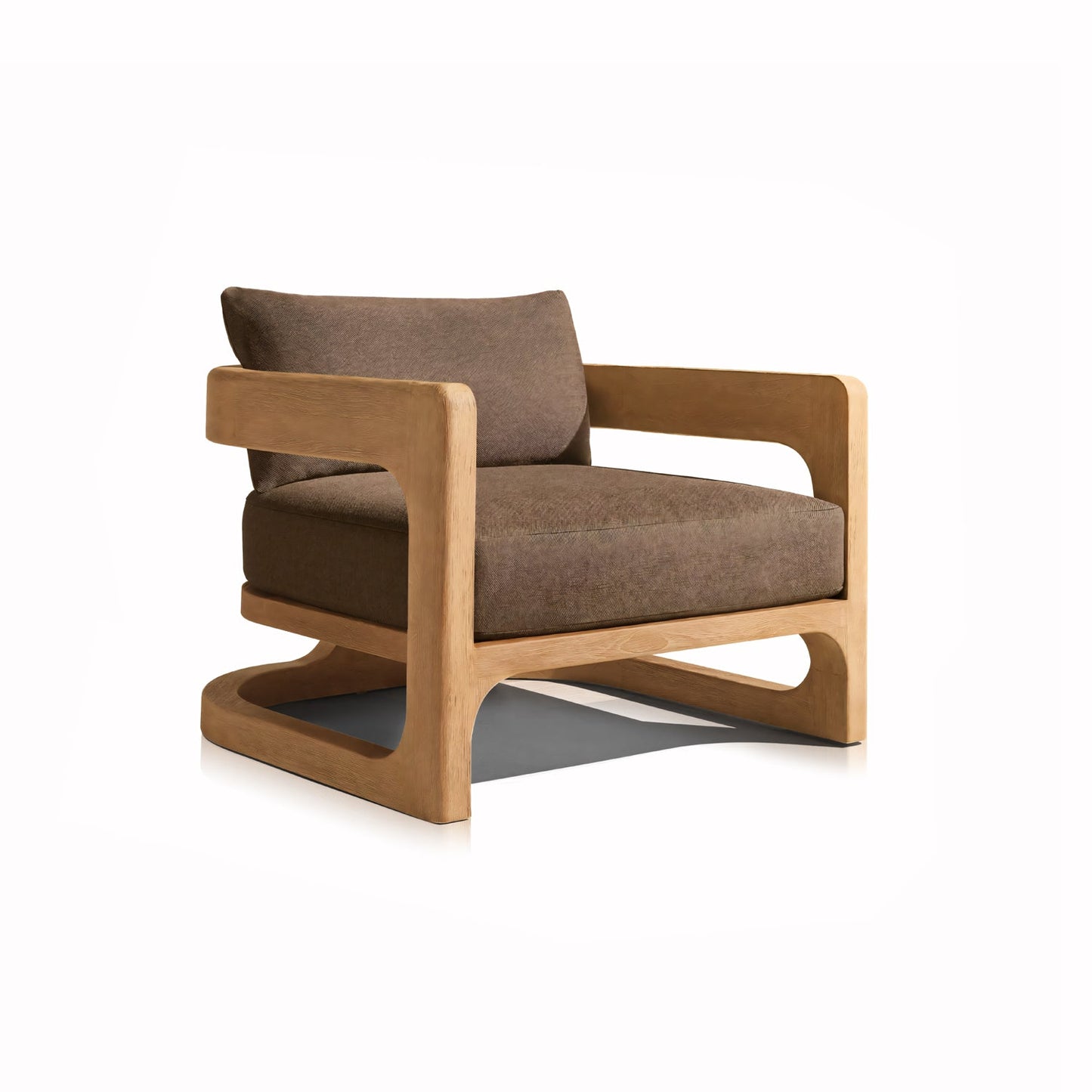 The Serene Arc Collection by Landmark Decor includes a brown armchair with a minimalist wooden frame, angular design, and weather-resistant cushions on the seat and backrest, set against a white background.