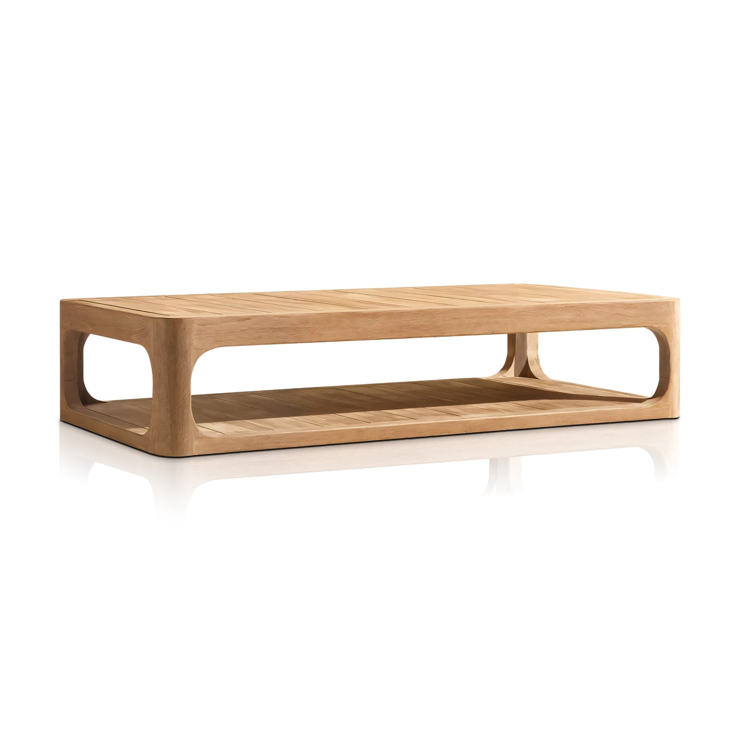 The Serene Arc Collection by Landmark Decor includes a wooden rectangular coffee table with rounded corners, smooth surface, open shelf, and curved sides. It pairs perfectly with outdoor sofas featuring weather-resistant cushions, standing out against a plain white background.
