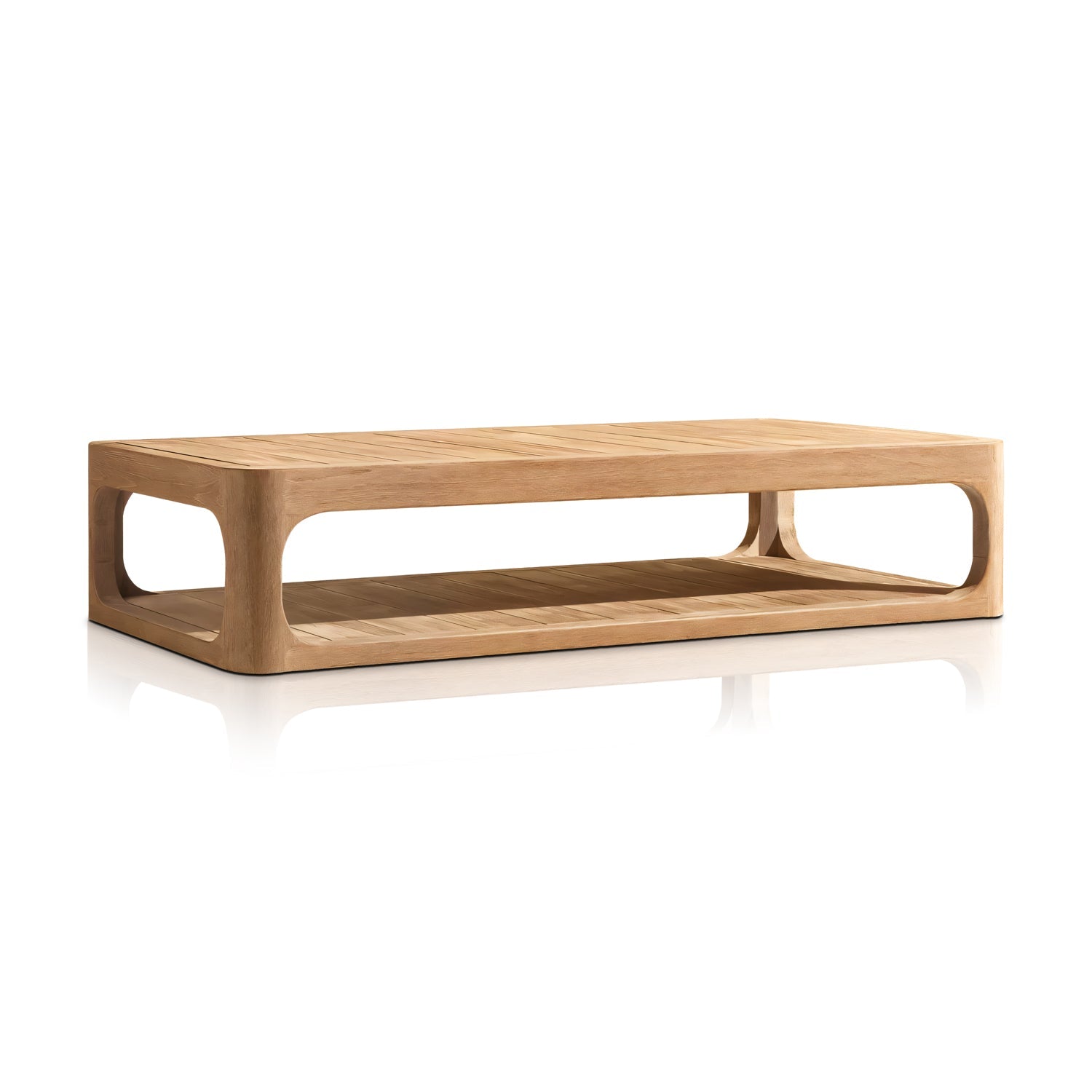 The Serene Arc Collection by Landmark Decor includes a wooden rectangular coffee table with rounded corners, smooth surface, open shelf, and curved sides. It pairs perfectly with outdoor sofas featuring weather-resistant cushions, standing out against a plain white background.