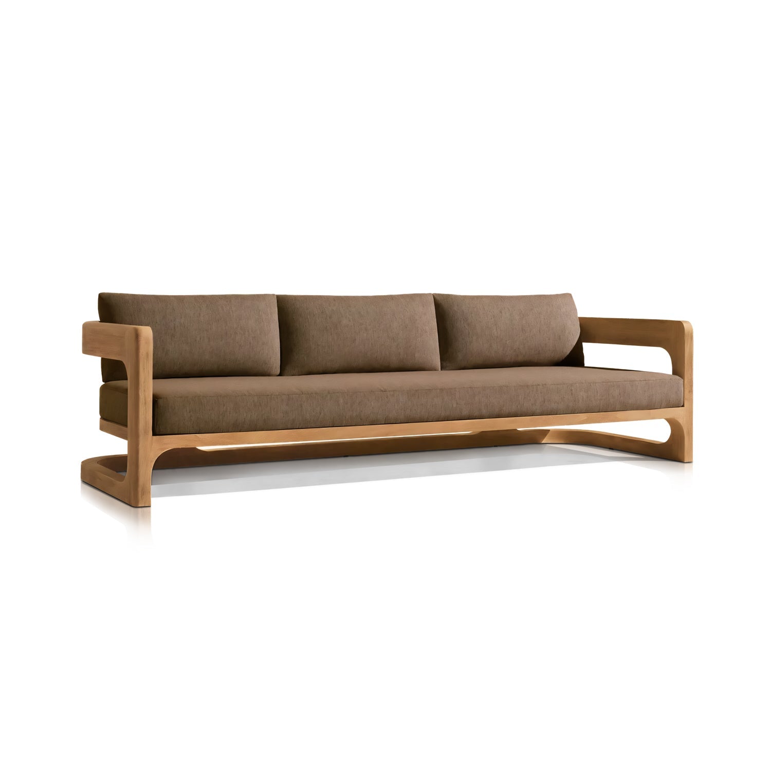 The Serene Arc Collection by Landmark Decor offers a modern outdoor sofa with wooden armrests and base, featuring three weather-resistant cushions. Its sleek and minimalist design is showcased against a white background.