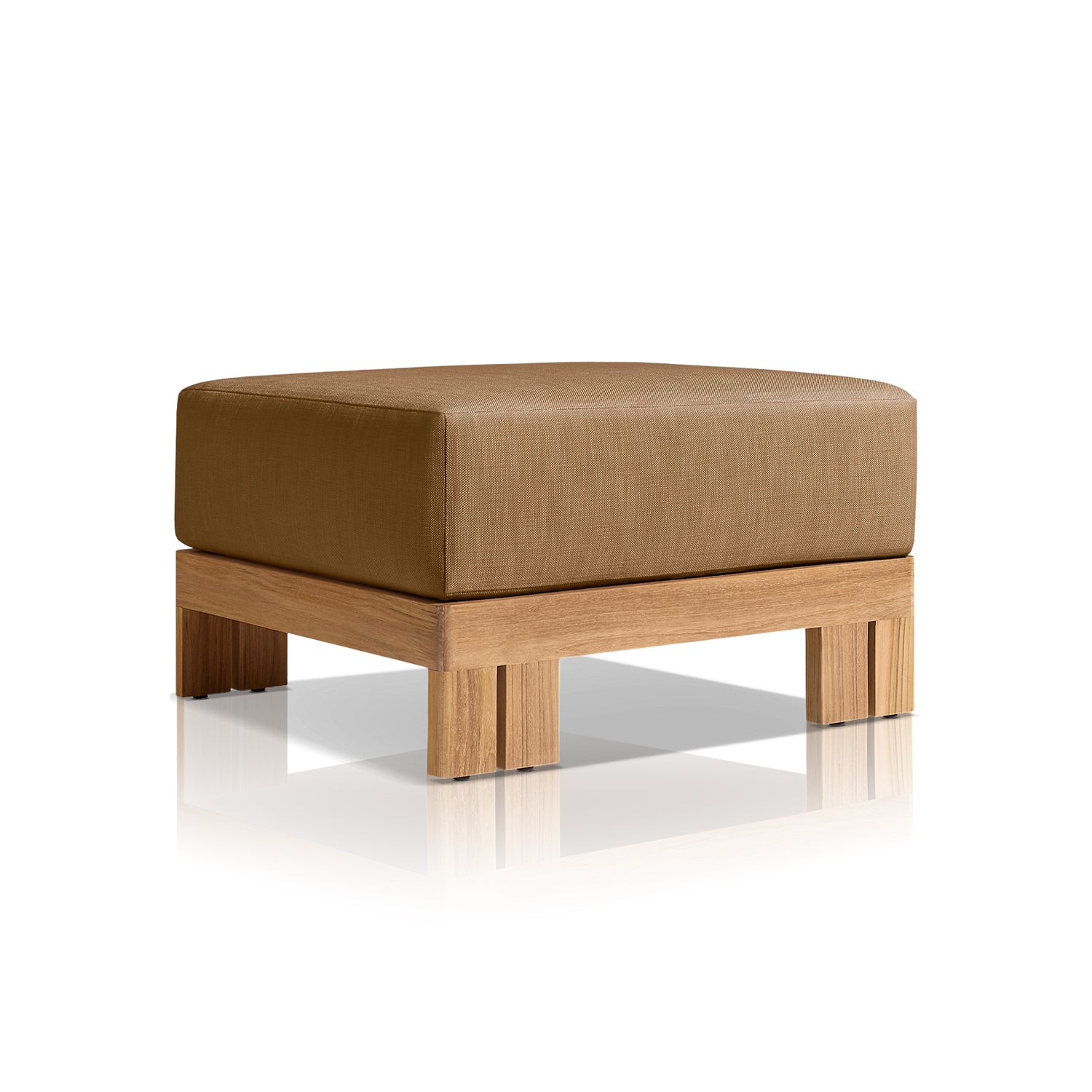 The Golden Horizon Collection by Landmark Decor offers a modern ottoman with a brown cushioned top and light wooden base in a minimalist design, perfectly complementing outdoor sofas with weather-resistant cushions, all elegantly set against a plain white background.
