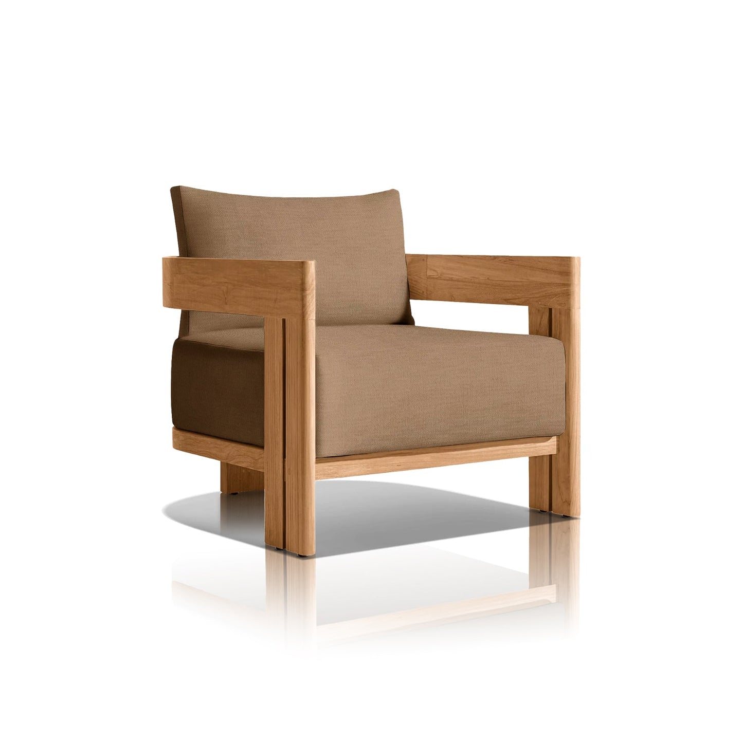 The Golden Horizon Collection by Landmark Decor features a cozy armchair with an all-weather wooden frame and light brown, weather-resistant cushions. Its modern, minimalist design has squared edges, creating a sturdy appearance ideal for indoors or outdoors on a reflective white background.