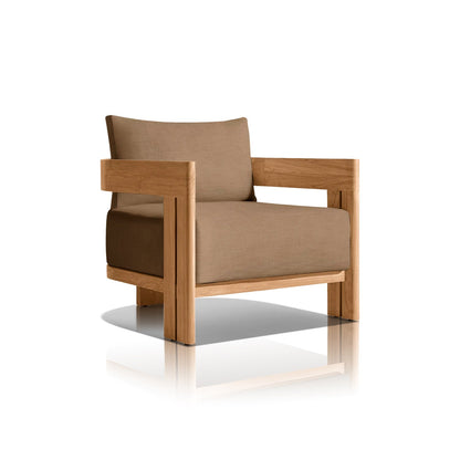 The Golden Horizon Collection by Landmark Decor features a cozy armchair with an all-weather wooden frame and light brown, weather-resistant cushions. Its modern, minimalist design has squared edges, creating a sturdy appearance ideal for indoors or outdoors on a reflective white background.