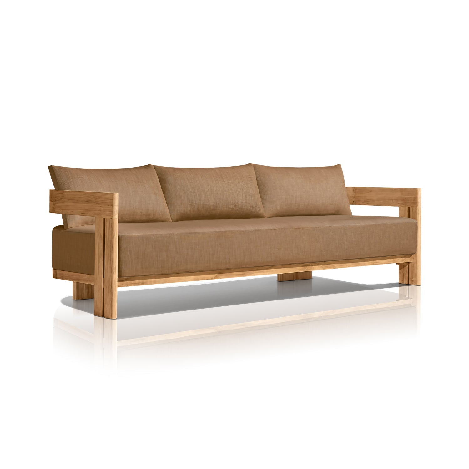 The Golden Horizon Collection by Landmark Decor offers a modern wooden sofa with weather-resistant light brown cushions, minimalist design, three back cushions, and sturdy wooden armrests, perfect for outdoor spaces against a plain white background.